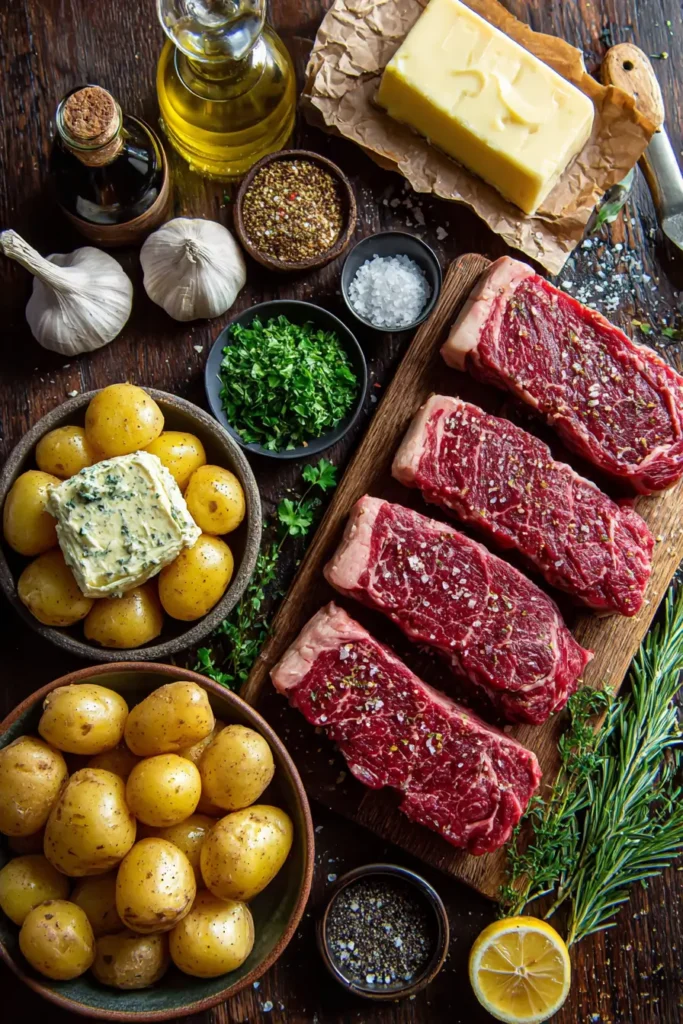 Grilled Faux-Filet (Striploin Steak) with Garlic Herb Butter & Crispy Potatoes