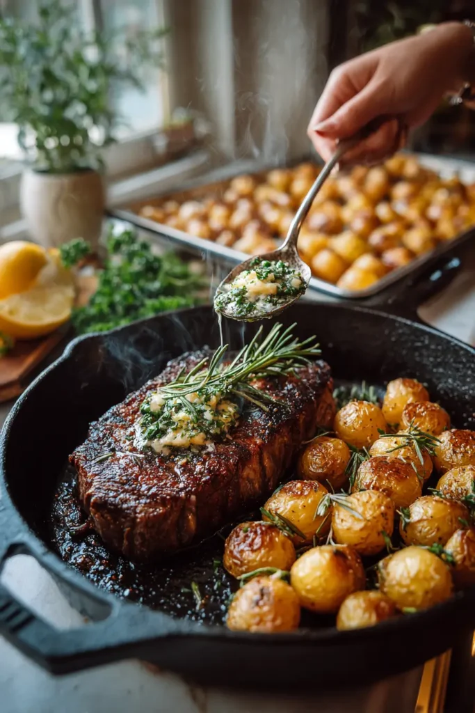 Grilled Faux-Filet (Striploin Steak) with Garlic Herb Butter & Crispy Potatoes